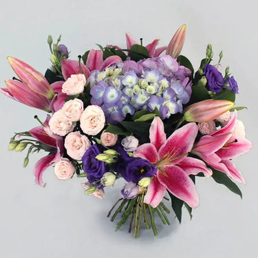 Sensuous Pink & Purple, Bouquet, Floral Delight, Purple Hydrangea, Pink Stargazer Lilies, Light Pink Baby Roses
